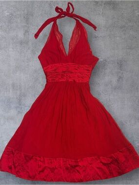 Maggy London Red Halter Midi Dress - Elegant Ruched Waist